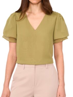 Vince Camuto Olive V-Neck Puff Sleeve Blouse